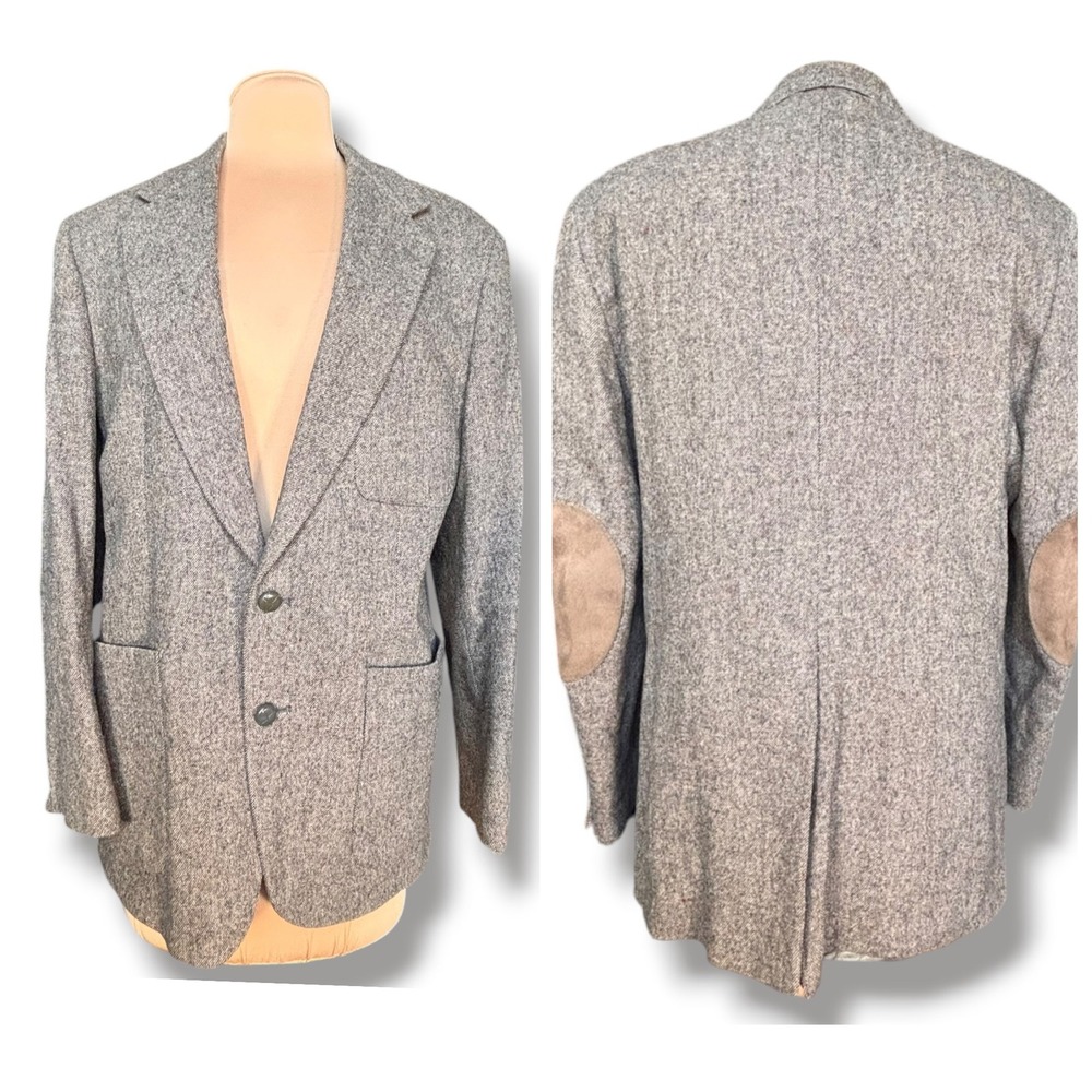 Vintage Mens Gray Donegal Fleck Wool Blazer Suede Elbow Patch USA 42R Heritage
